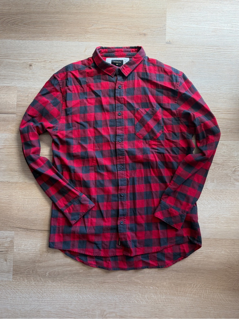 Quiksilver Red and Black Checkered Flannel Button-Down Shirt
